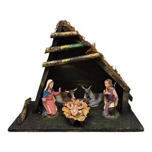 Vintage Nativity Set Manger Stable 5 Figures Made in Italy Mid Century Modern